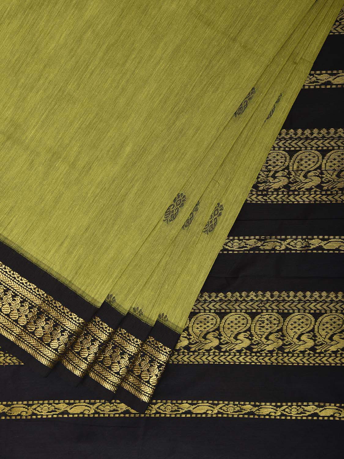Light Green and Black Gadwal Cotton Viscose Saree with Border and Pallu Design g0542
