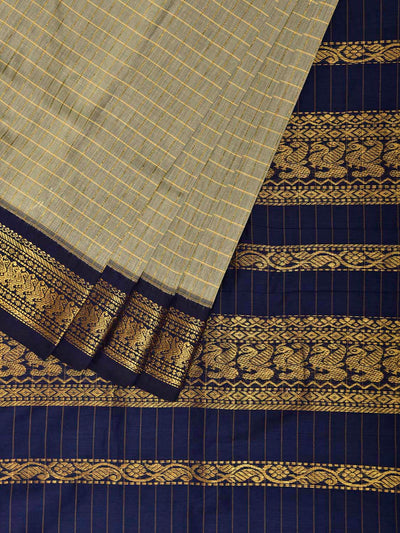 Sea Green and Navy Gadwal Cotton Viscose Saree with Checks and Pallu Design g0547