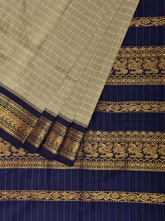 Sea Green and Navy Gadwal Cotton Viscose Saree with Checks and Pallu Design g0547