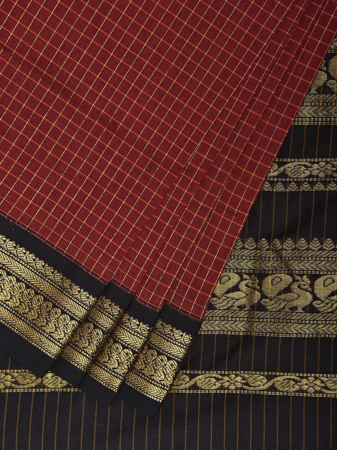 Red and Black Gadwal Cotton Viscose Saree with Checks and Pallu Design g0548