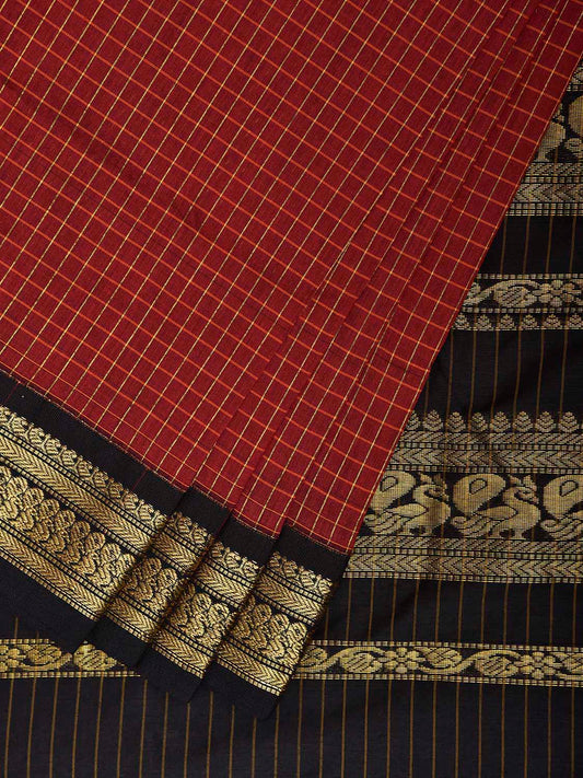 Red and Black Gadwal Cotton Viscose Saree with Checks and Pallu Design g0548