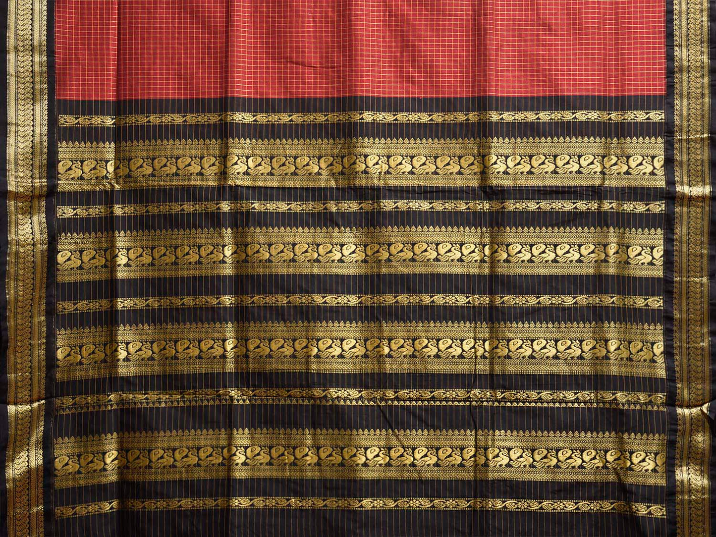 Red and Black Gadwal Cotton Viscose Saree with Checks and Pallu Design g0548