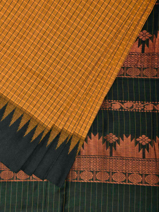 Mustard and Green Gadwal Cotton Viscose Saree with Checks and Pallu Design g0549