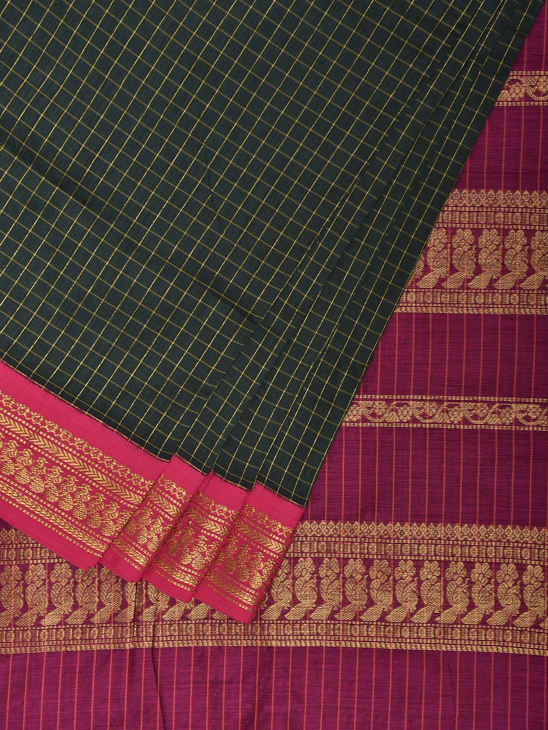 Dark Green and Pink Gadwal Cotton Viscose Saree with Checks and Pallu Design g0551