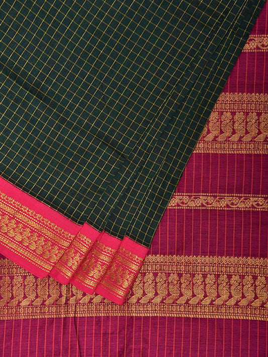 Dark Green and Pink Gadwal Cotton Viscose Saree with Checks and Pallu Design g0551