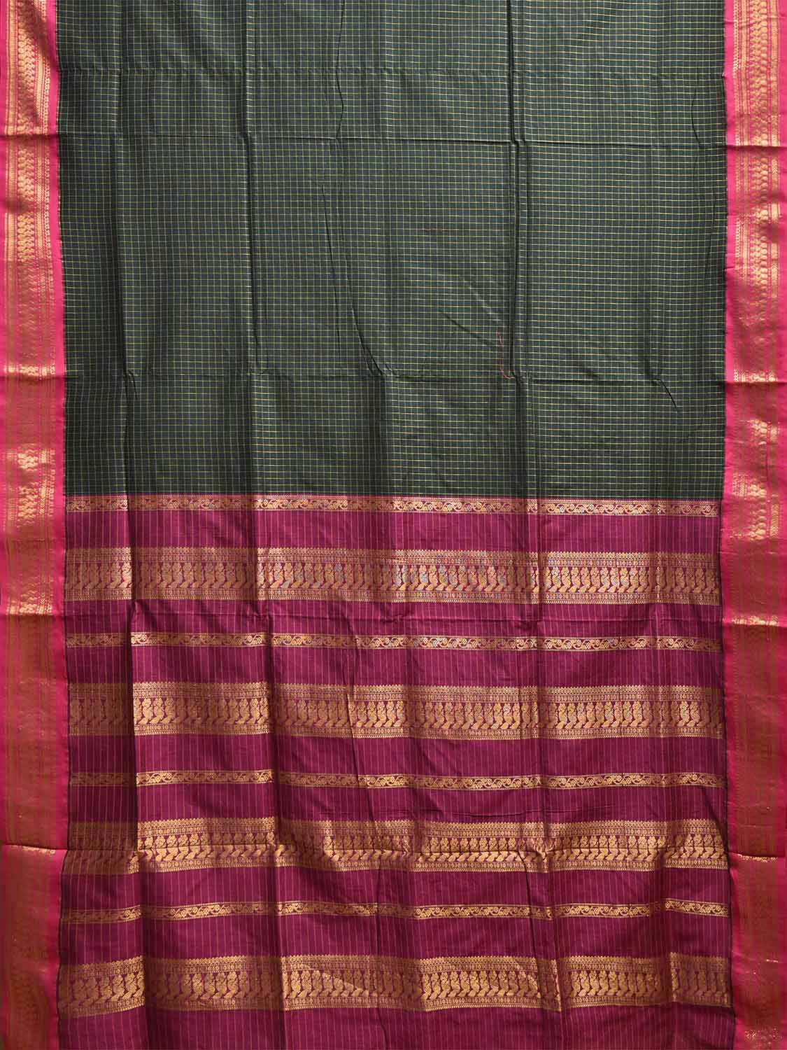 Dark Green and Pink Gadwal Cotton Viscose Saree with Checks and Pallu Design g0551