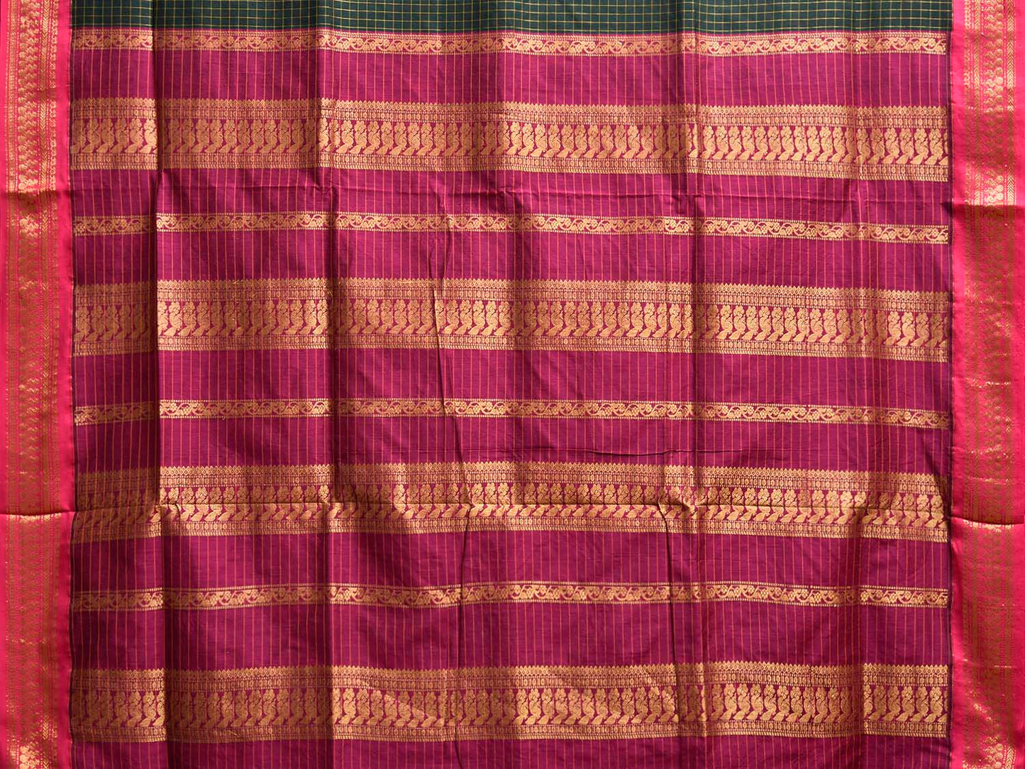Dark Green and Pink Gadwal Cotton Viscose Saree with Checks and Pallu Design g0551