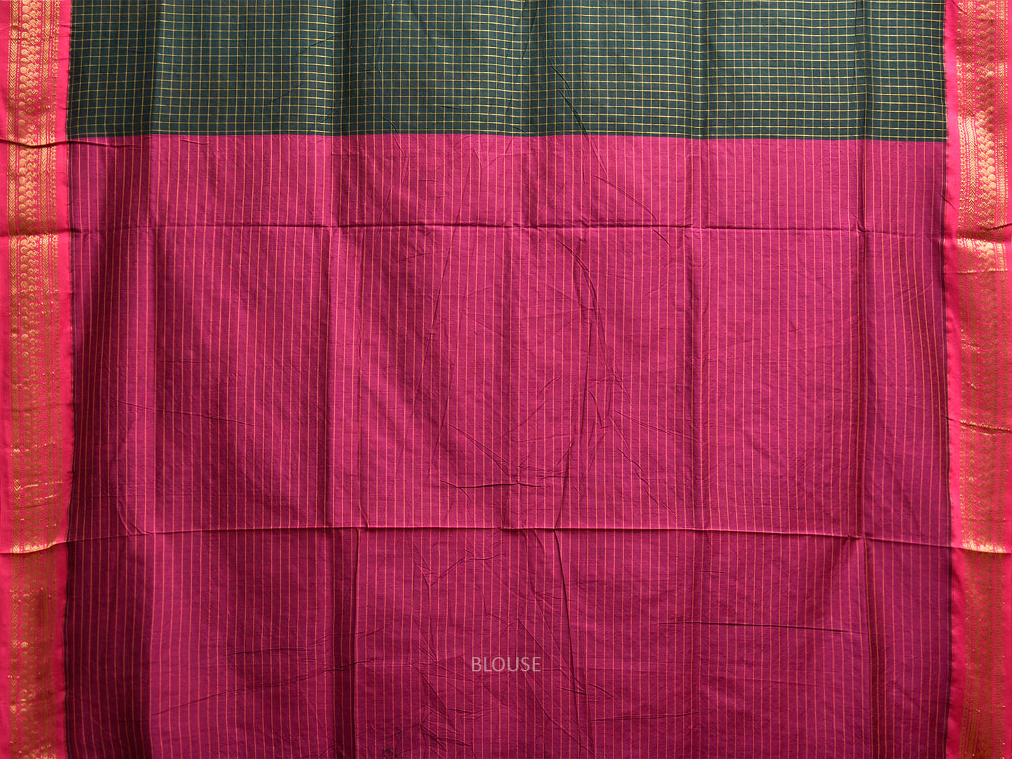 Dark Green and Pink Gadwal Cotton Viscose Saree with Checks and Pallu Design g0551