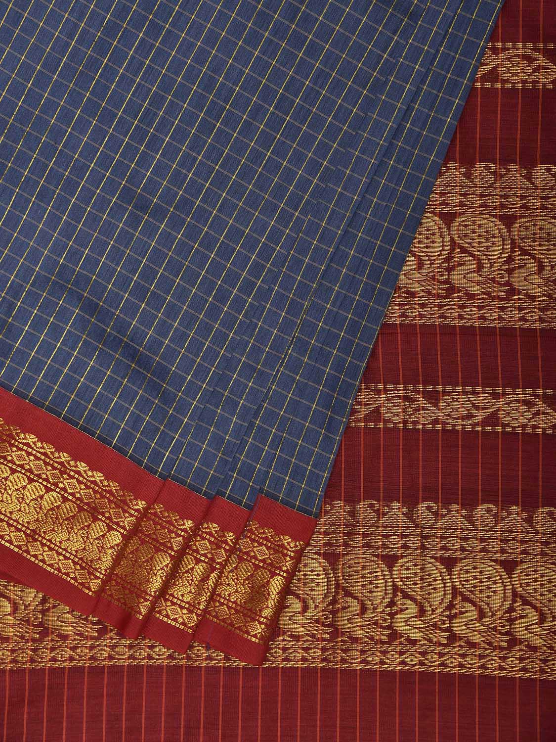 Teal and Dark Red Gadwal Cotton Viscose Saree with Checks and Pallu Design g0552