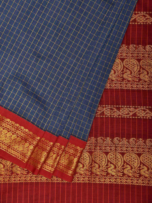 Teal and Dark Red Gadwal Cotton Viscose Saree with Checks and Pallu Design g0552