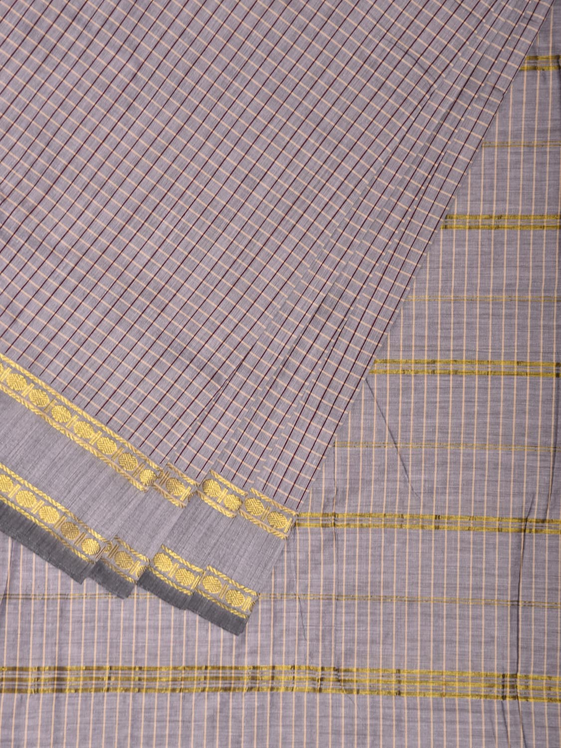 Light Grey Gadwal Cotton Viscose Saree with Checks and Border Design g0557