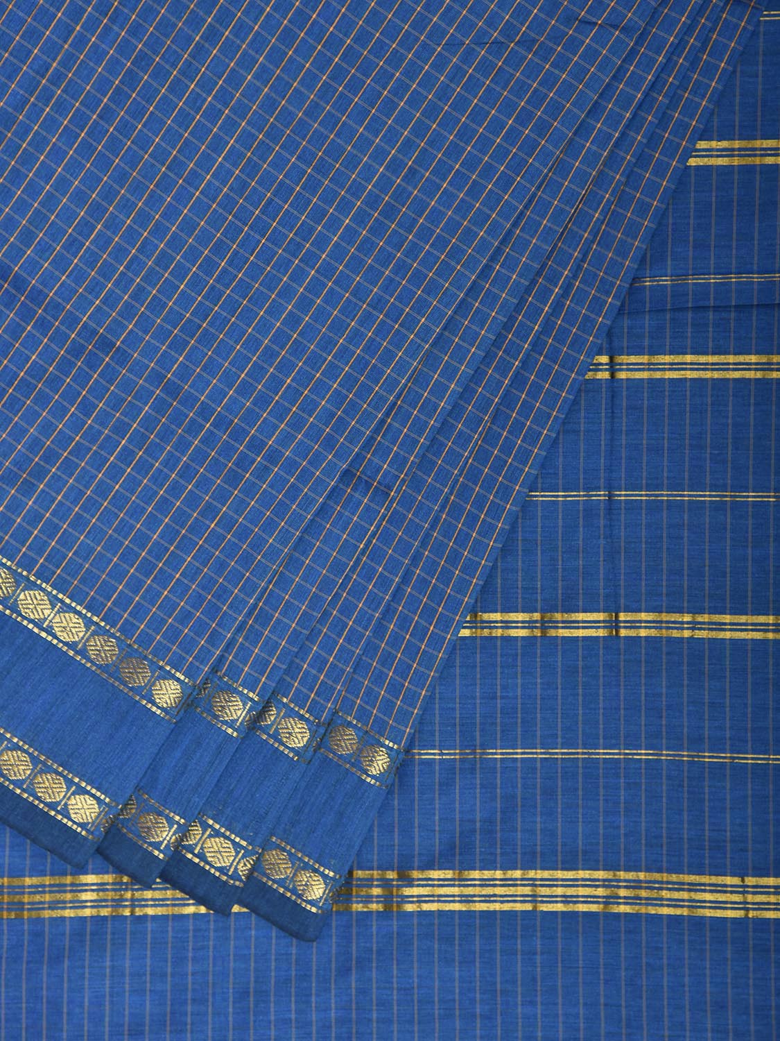 Blue Gadwal Cotton Viscose Saree with Checks and Border Design g0559