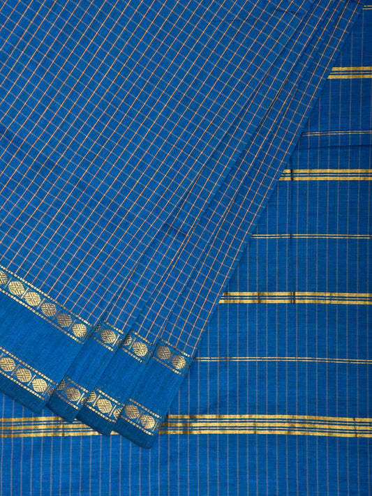 Blue Gadwal Cotton Viscose Saree with Checks and Border Design g0559