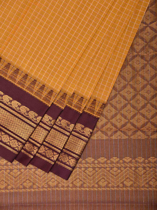 Mustard and Brown Gadwal Cotton Viscose Saree with Checks and Pallu Design g0560