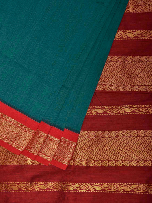 Teal and Red Gadwal Cotton Viscose Saree with Small Buta and Pallu Design g0563