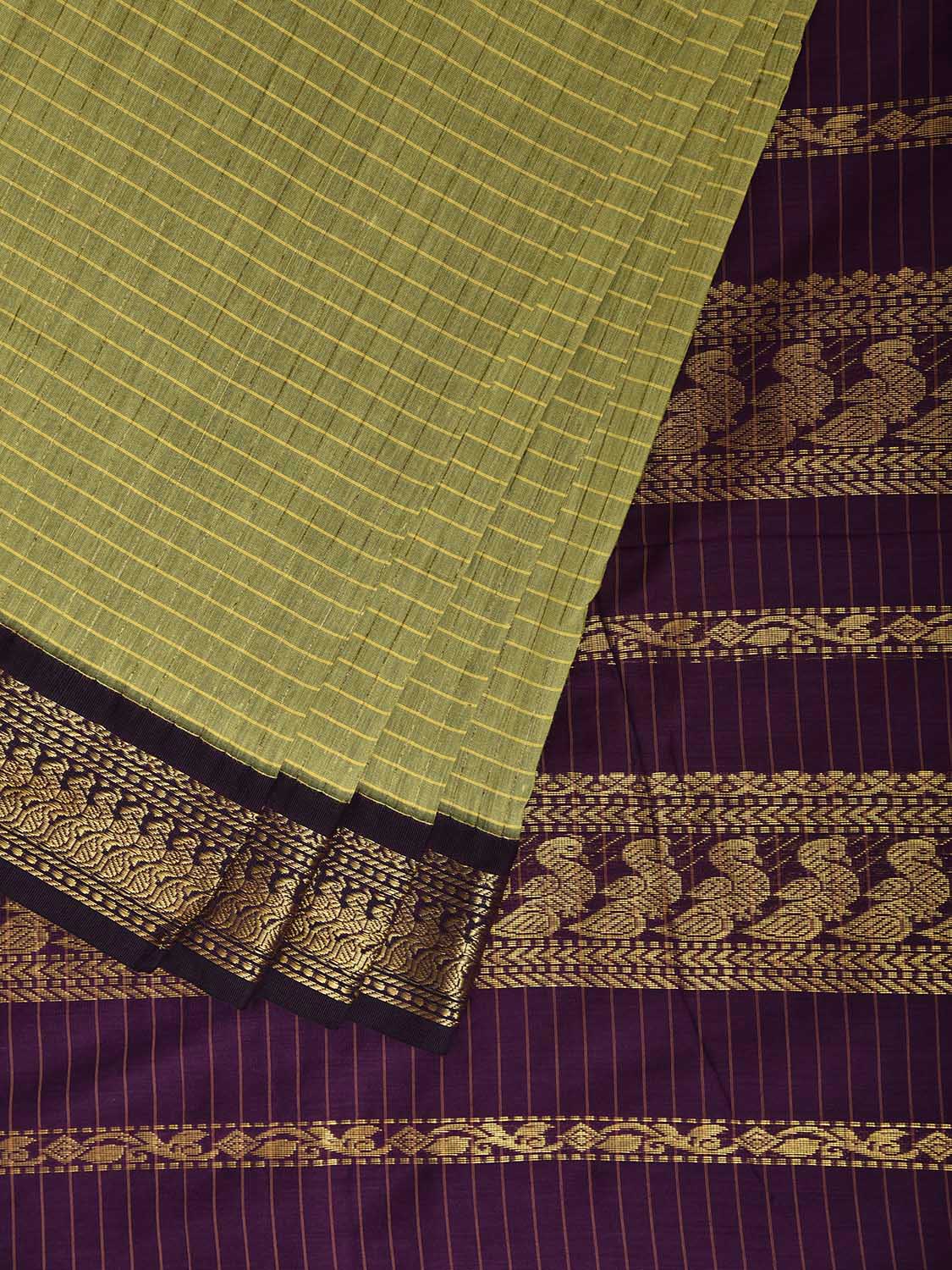 Light Green and Purple Gadwal Cotton Viscose Saree with Checks and Pallu Design g0564