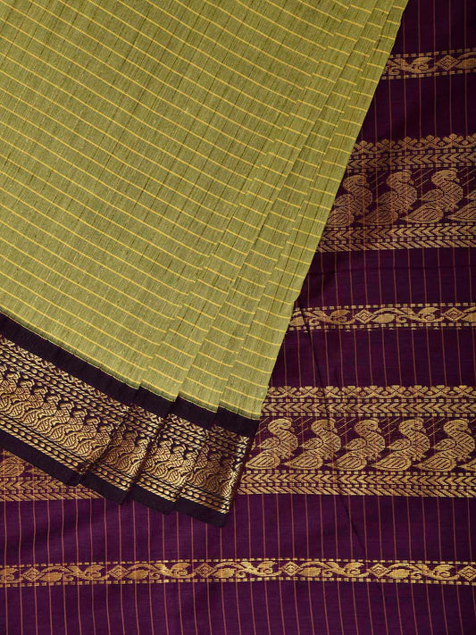 Light Green and Purple Gadwal Cotton Viscose Saree with Checks and Pallu Design g0564