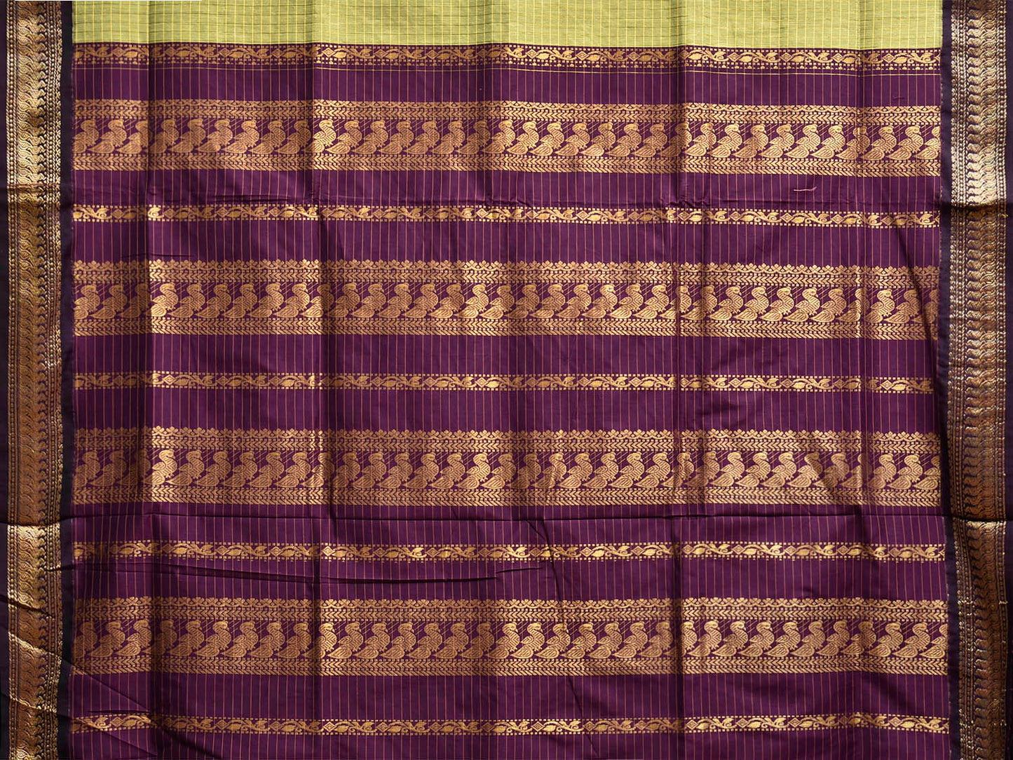 Light Green and Purple Gadwal Cotton Viscose Saree with Checks and Pallu Design g0564