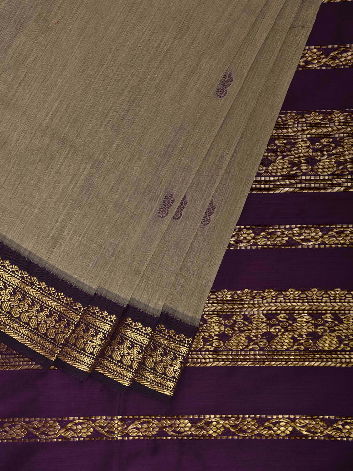 Light Khaki and Purple Gadwal Cotton Viscose Saree with Small Buta and Pallu Design g0566