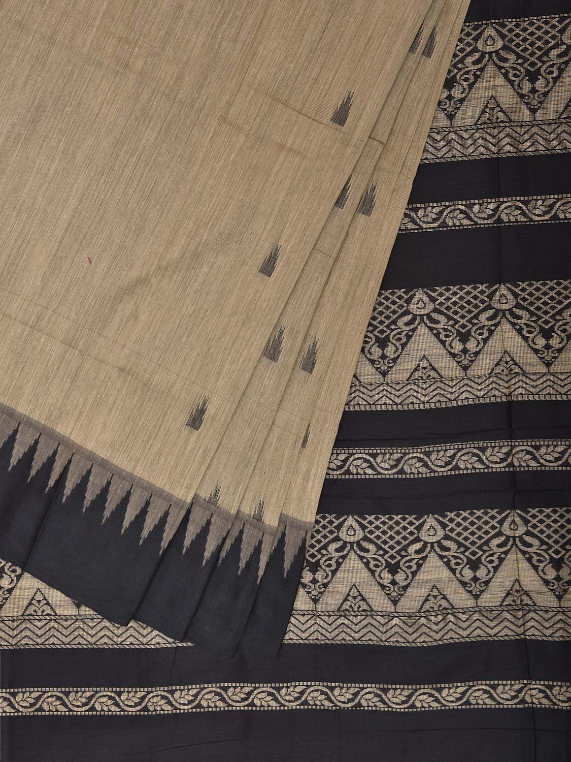 Cream and Black Gadwal Cotton Viscose Saree with Temple Border and Pallu Design g0578