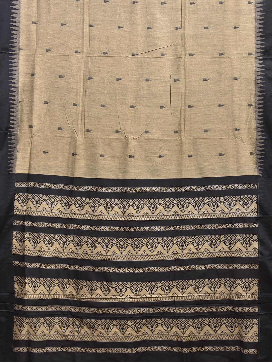 Cream and Black Gadwal Cotton Viscose Saree with Temple Border and Pallu Design g0578