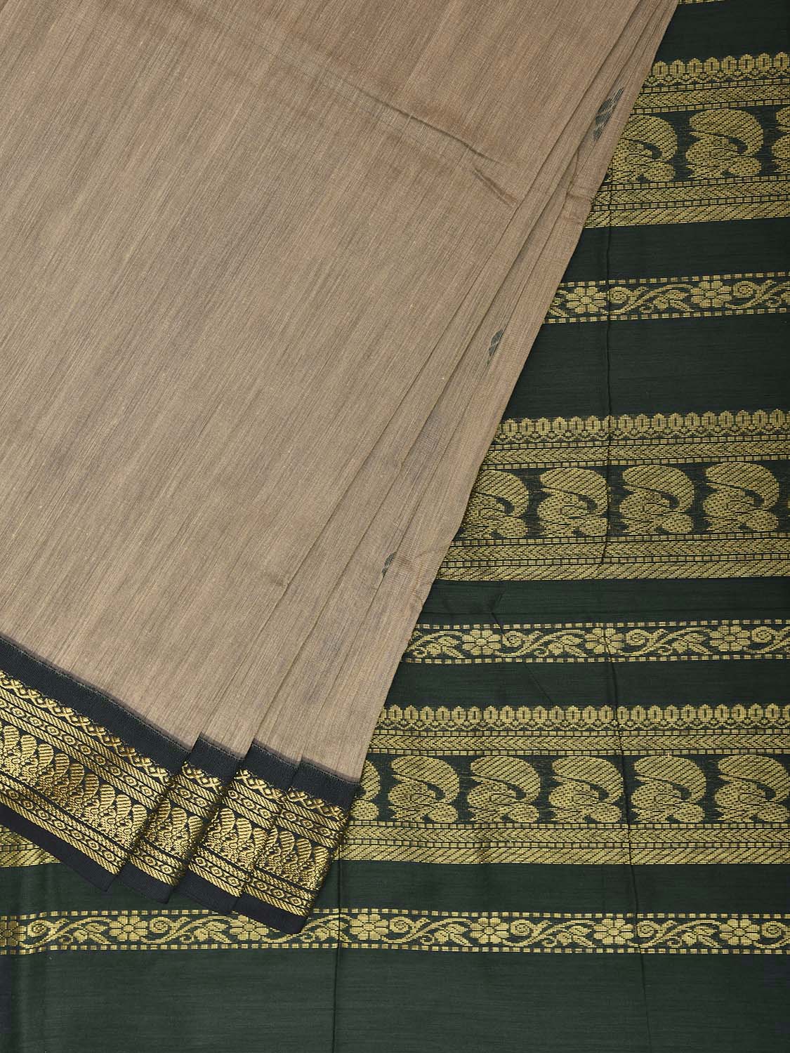 Cream and Green Gadwal Cotton Viscose Saree with Border and Pallu Design g0580