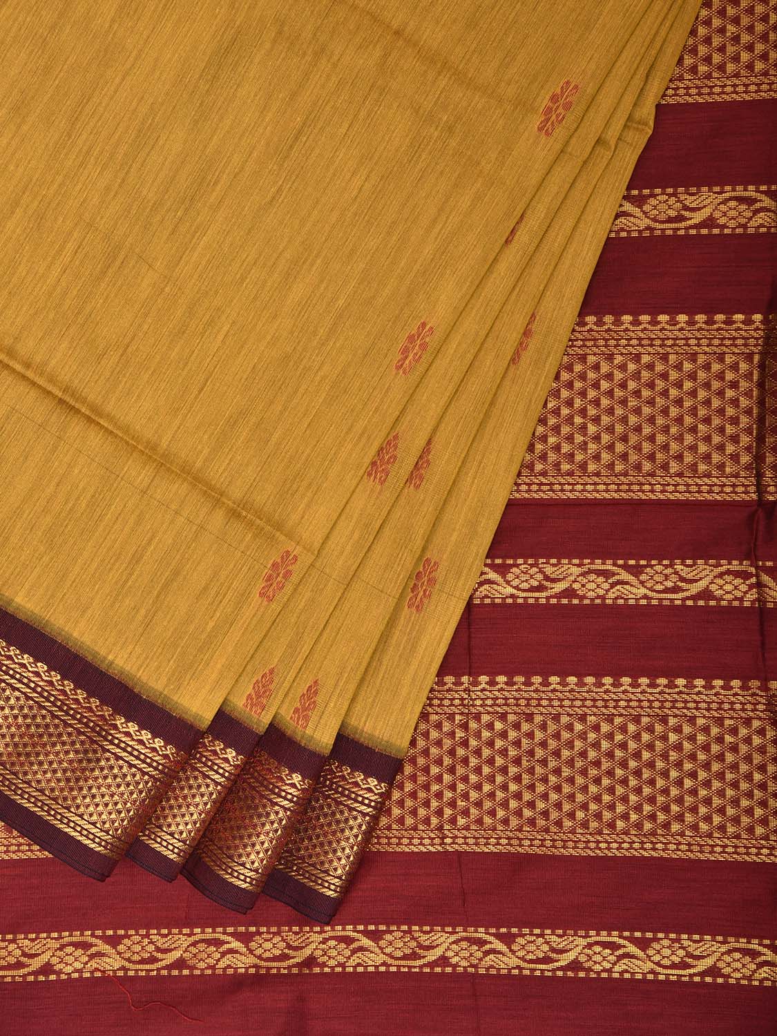 Mustard and Red Gadwal Cotton Viscose Saree with Border and Pallu Design g0581