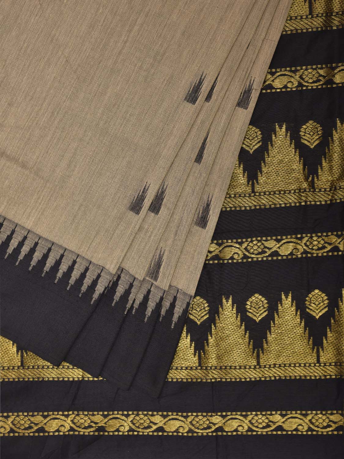 Cream and Black Gadwal Cotton Viscose Saree with Temple Border Design g0585