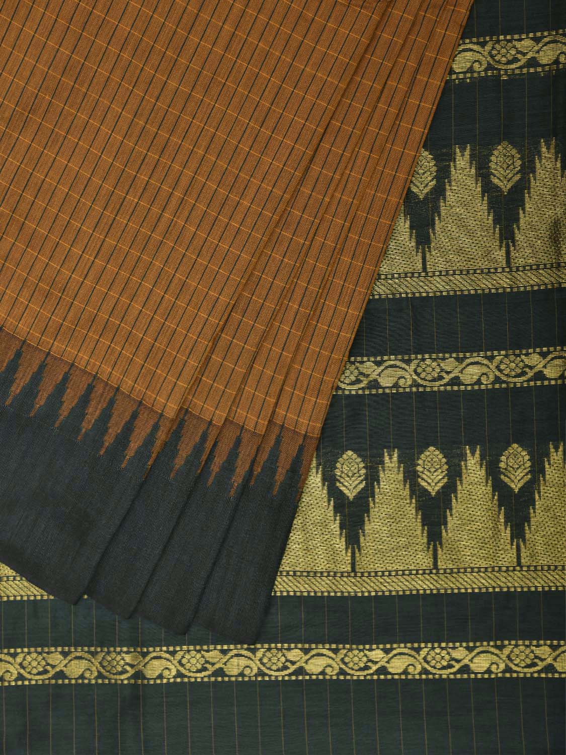 Dark Mustard and Green Gadwal Cotton Viscose Saree with Checks and Temple Border Design g0586