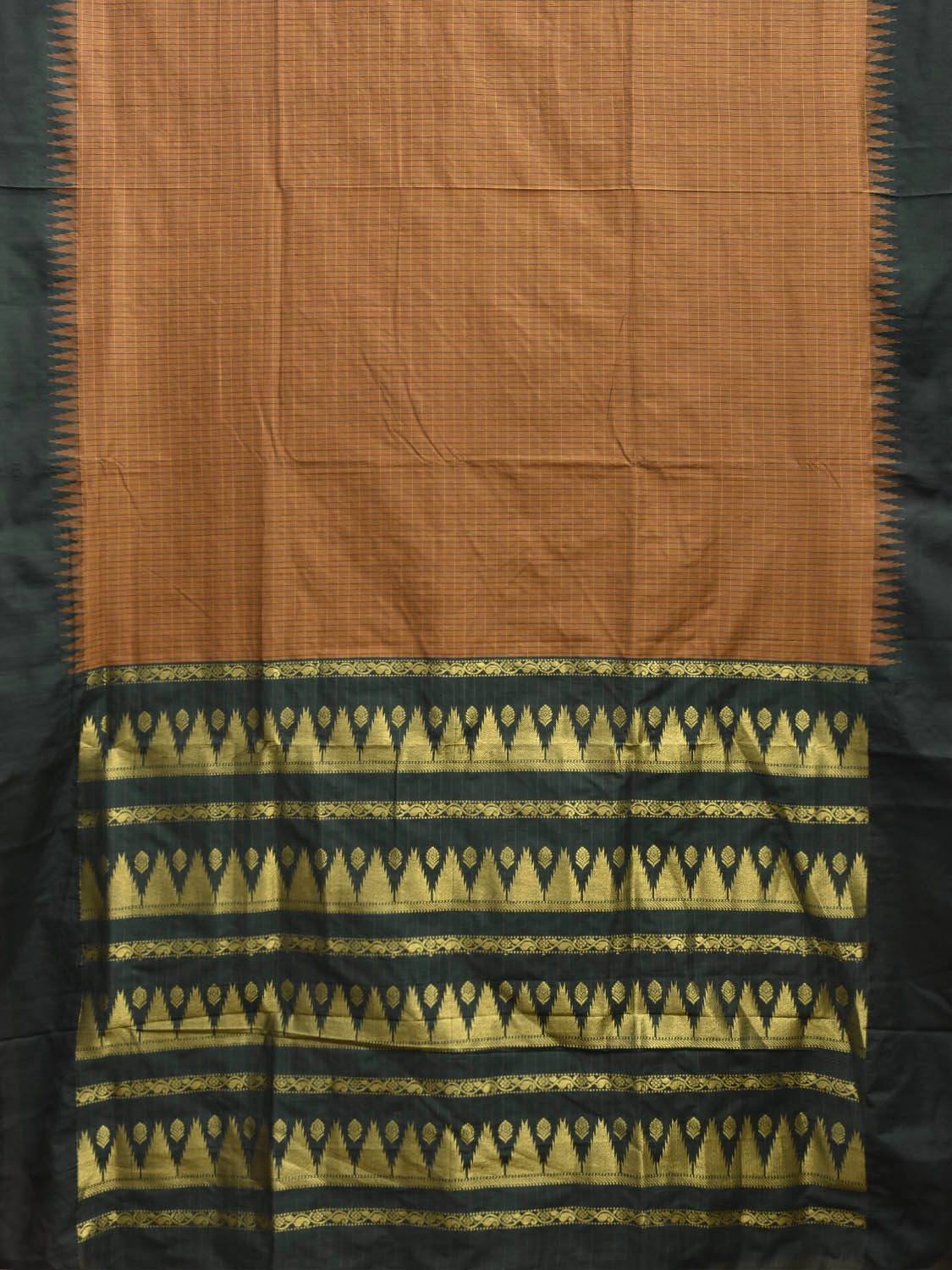 Dark Mustard and Green Gadwal Cotton Viscose Saree with Checks and Temple Border Design g0586