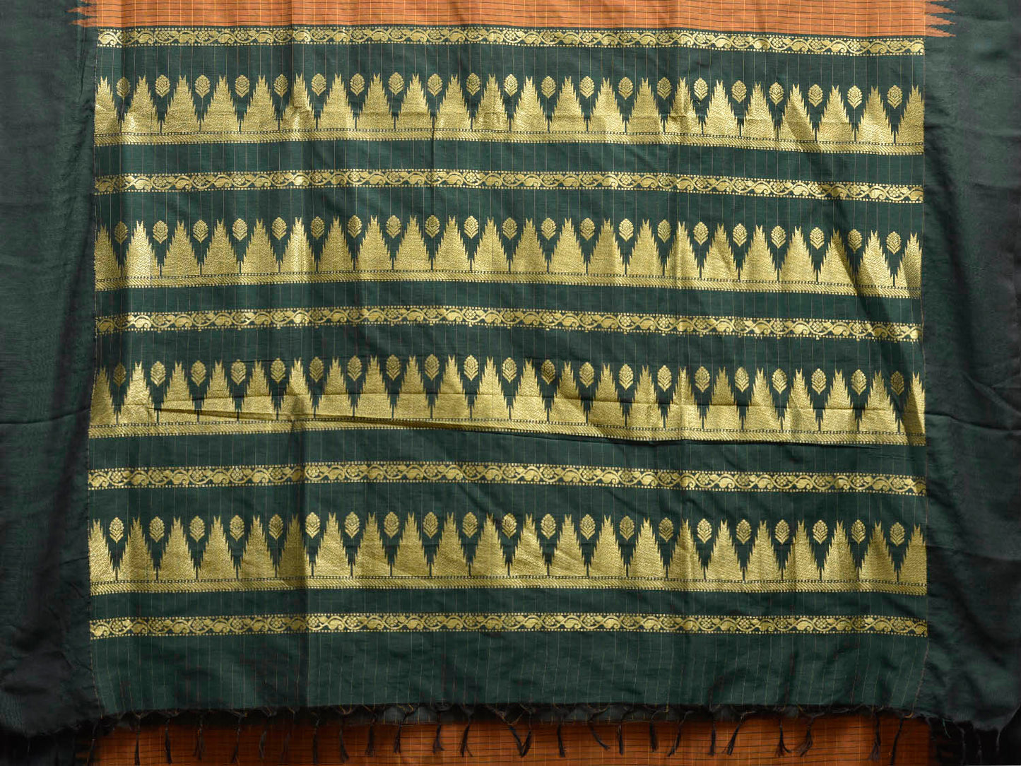 Dark Mustard and Green Gadwal Cotton Viscose Saree with Checks and Temple Border Design g0586