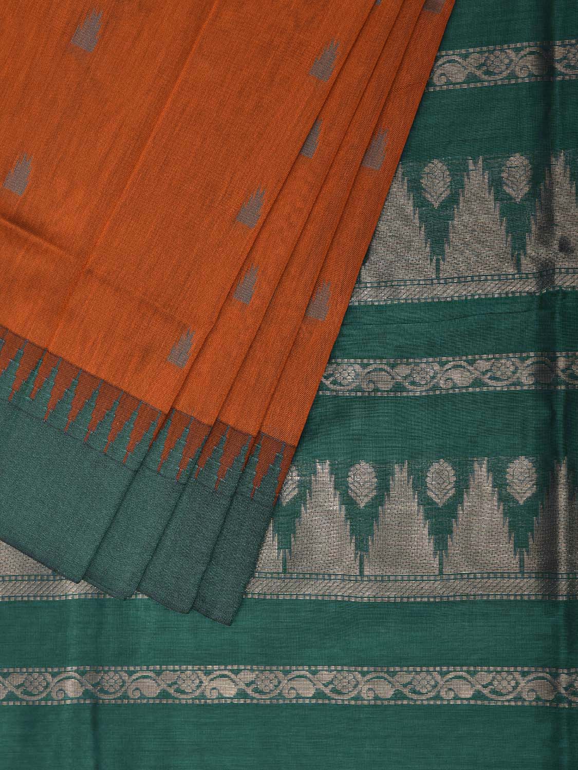 Orange and Green Gadwal Cotton Viscose Saree with Temple Border Design g0588