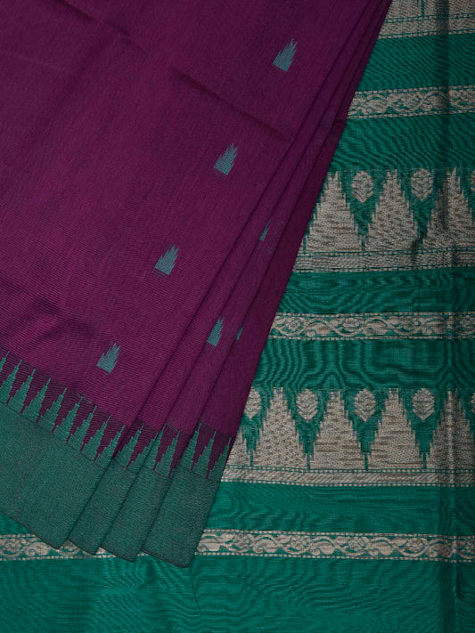 Purple and Green Gadwal Cotton Viscose Saree with Temple Border Design g0589