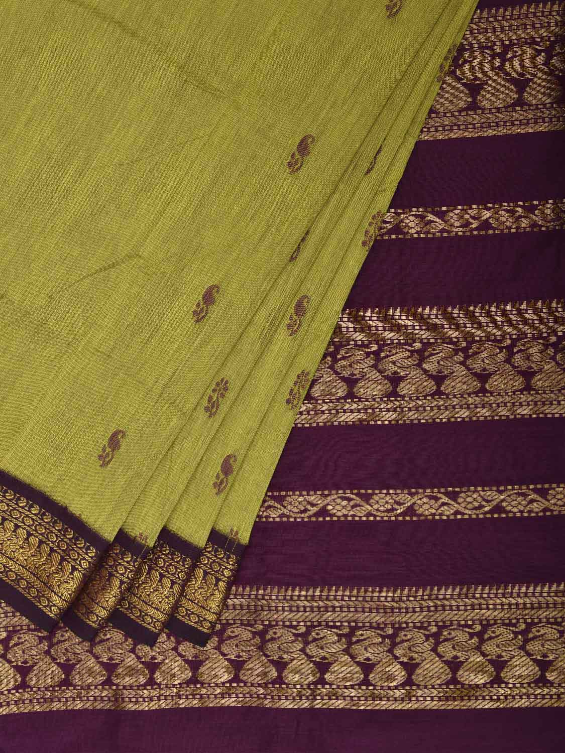 Light Green and Purple Gadwal Cotton Viscose Saree with Pallu and Border Design g0590