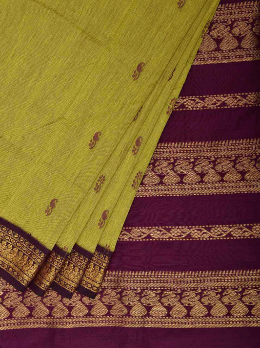 Light Green and Purple Gadwal Cotton Viscose Saree with Pallu and Border Design g0590