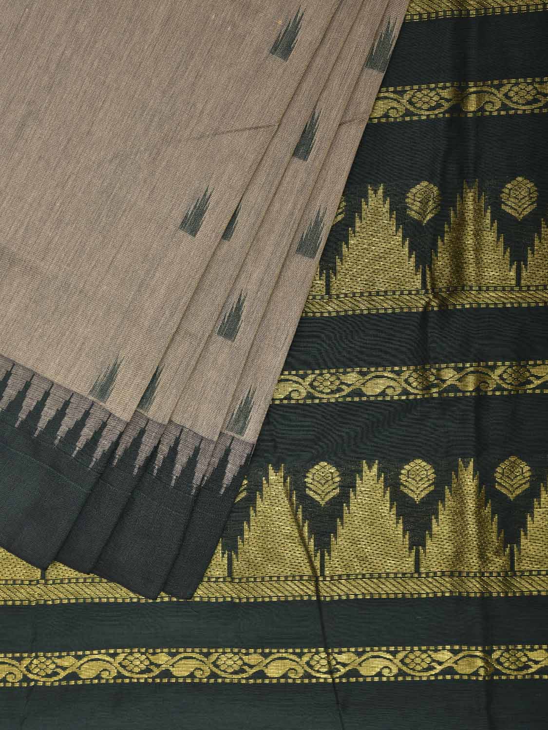 Cream and Green Gadwal Cotton Viscose Saree with Temple Border Design g0591