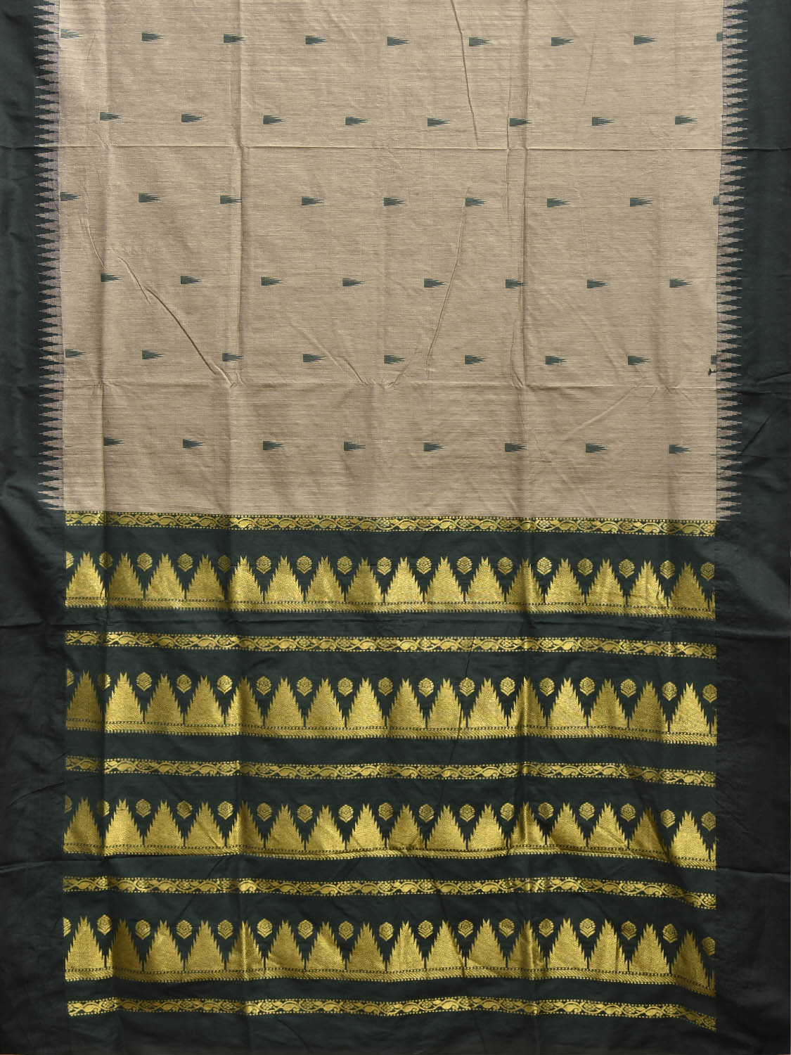 Cream and Green Gadwal Cotton Viscose Saree with Temple Border Design g0591