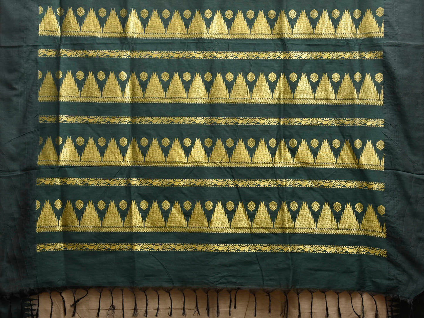 Cream and Green Gadwal Cotton Viscose Saree with Temple Border Design g0591