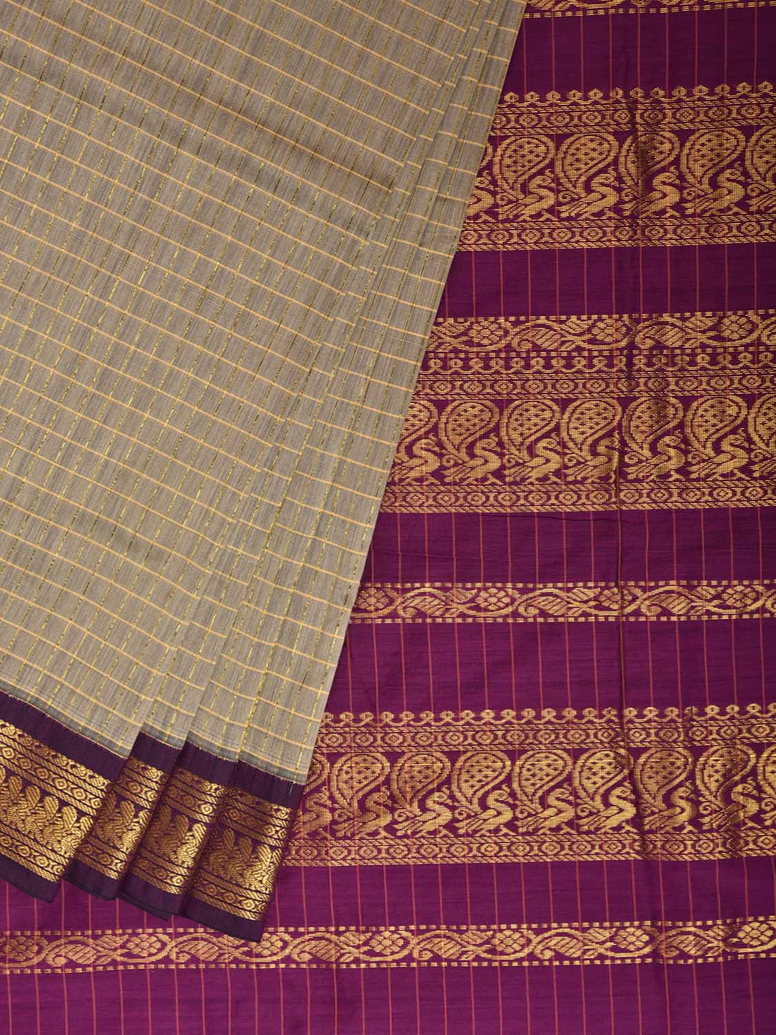 Cream and Purple Gadwal Cotton Viscose Saree with Checks and Pallu Design g0594