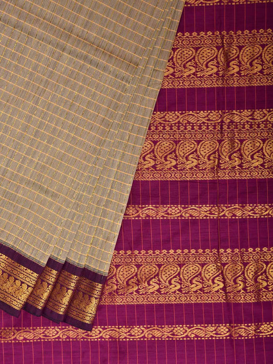 Cream and Purple Gadwal Cotton Viscose Saree with Checks and Pallu Design g0594