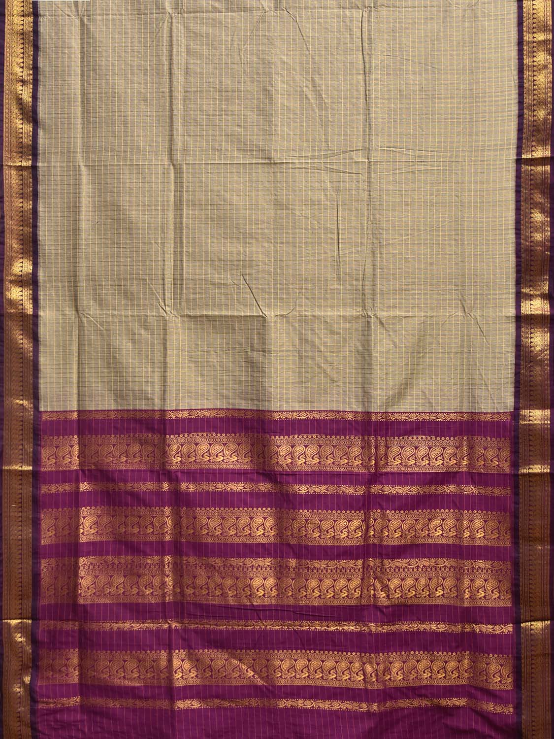 Cream and Purple Gadwal Cotton Viscose Saree with Checks and Pallu Design g0594