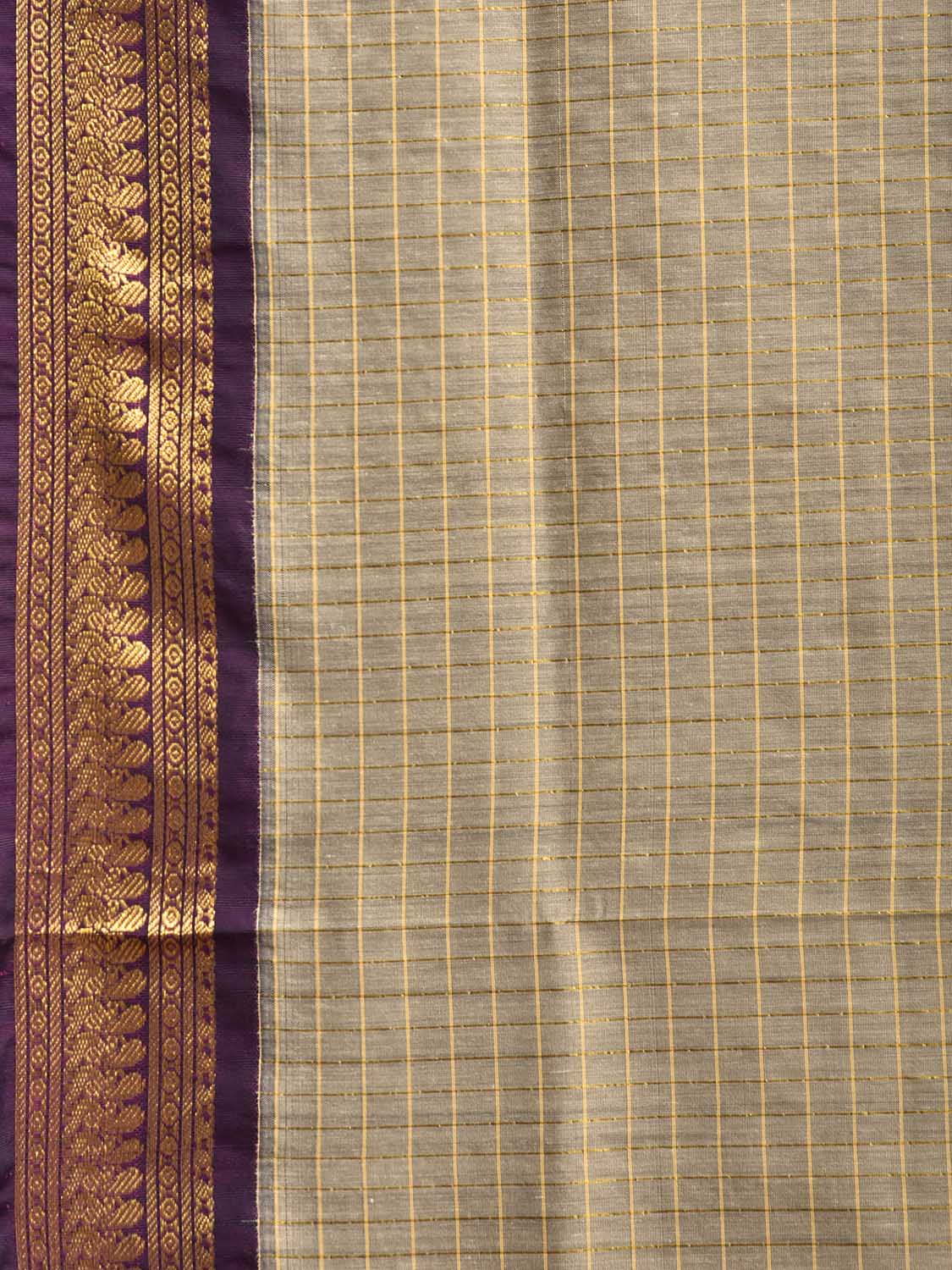 Cream and Purple Gadwal Cotton Viscose Saree with Checks and Pallu Design g0594
