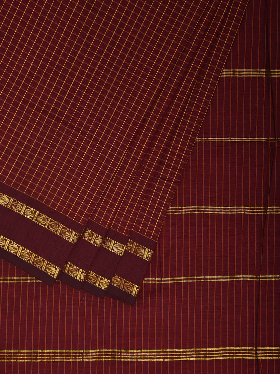 Dark Red Gadwal Cotton Viscose Saree with Checks and Body Border Design g0595