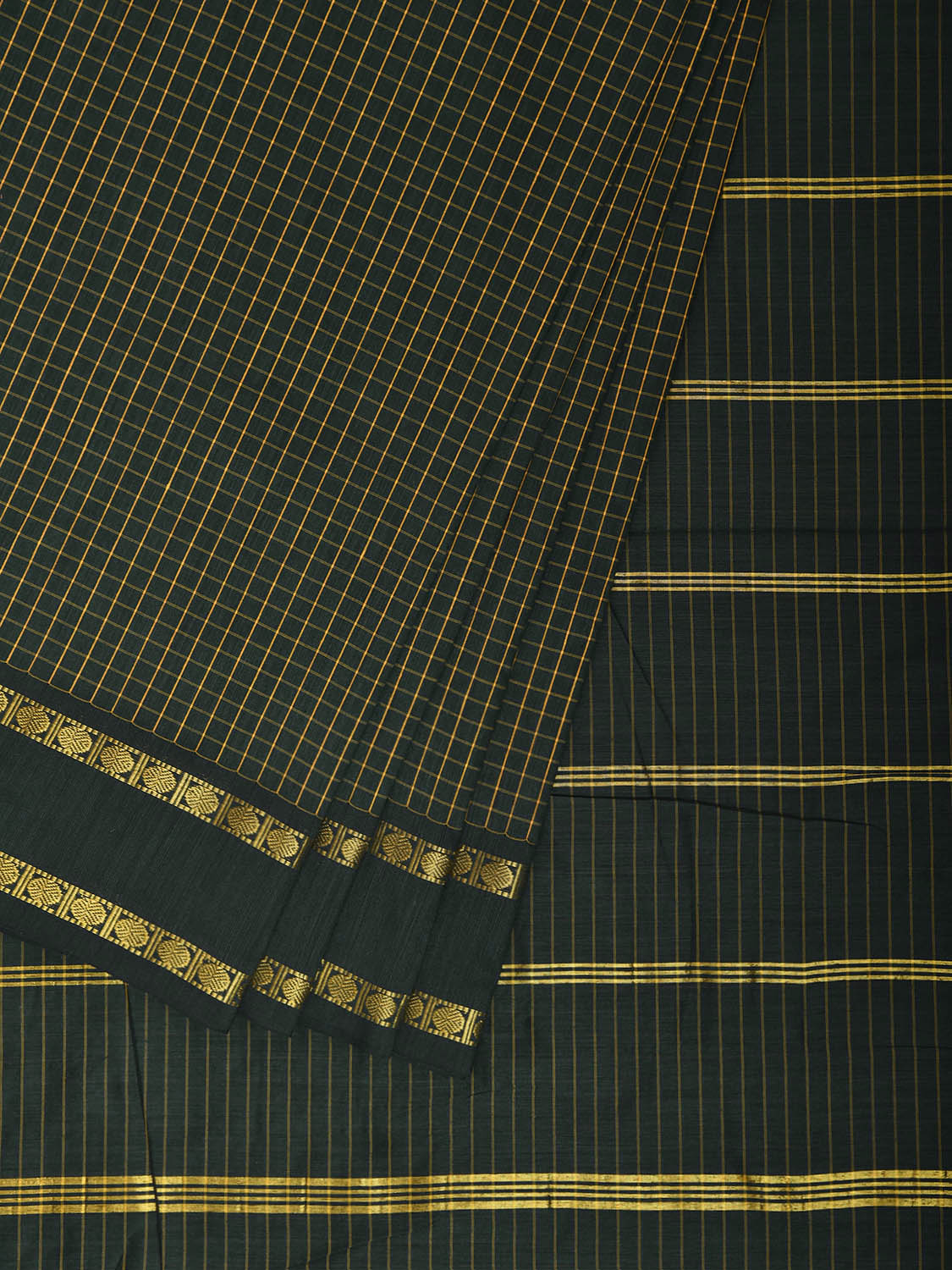 Dark Green Gadwal Cotton Viscose Saree with Checks and Doby Border Design g0597