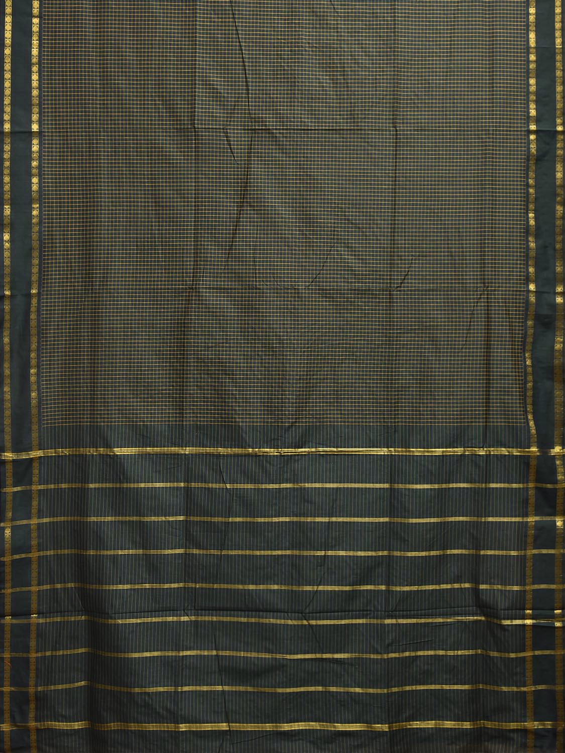 Dark Green Gadwal Cotton Viscose Saree with Checks and Doby Border Design g0597