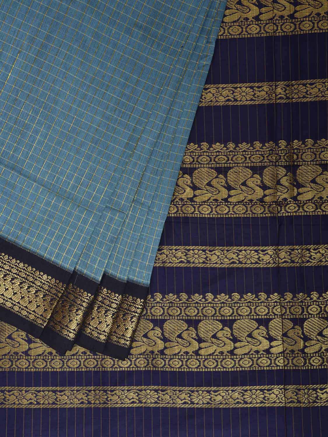 Blue and Navy Gadwal Cotton Viscose Saree with Checks and Pallu Design g0602