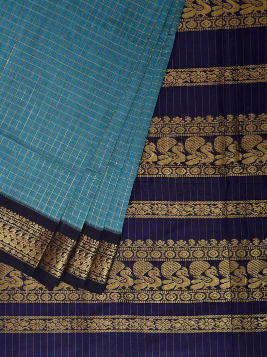 Blue and Navy Gadwal Cotton Viscose Saree with Checks and Pallu Design g0602