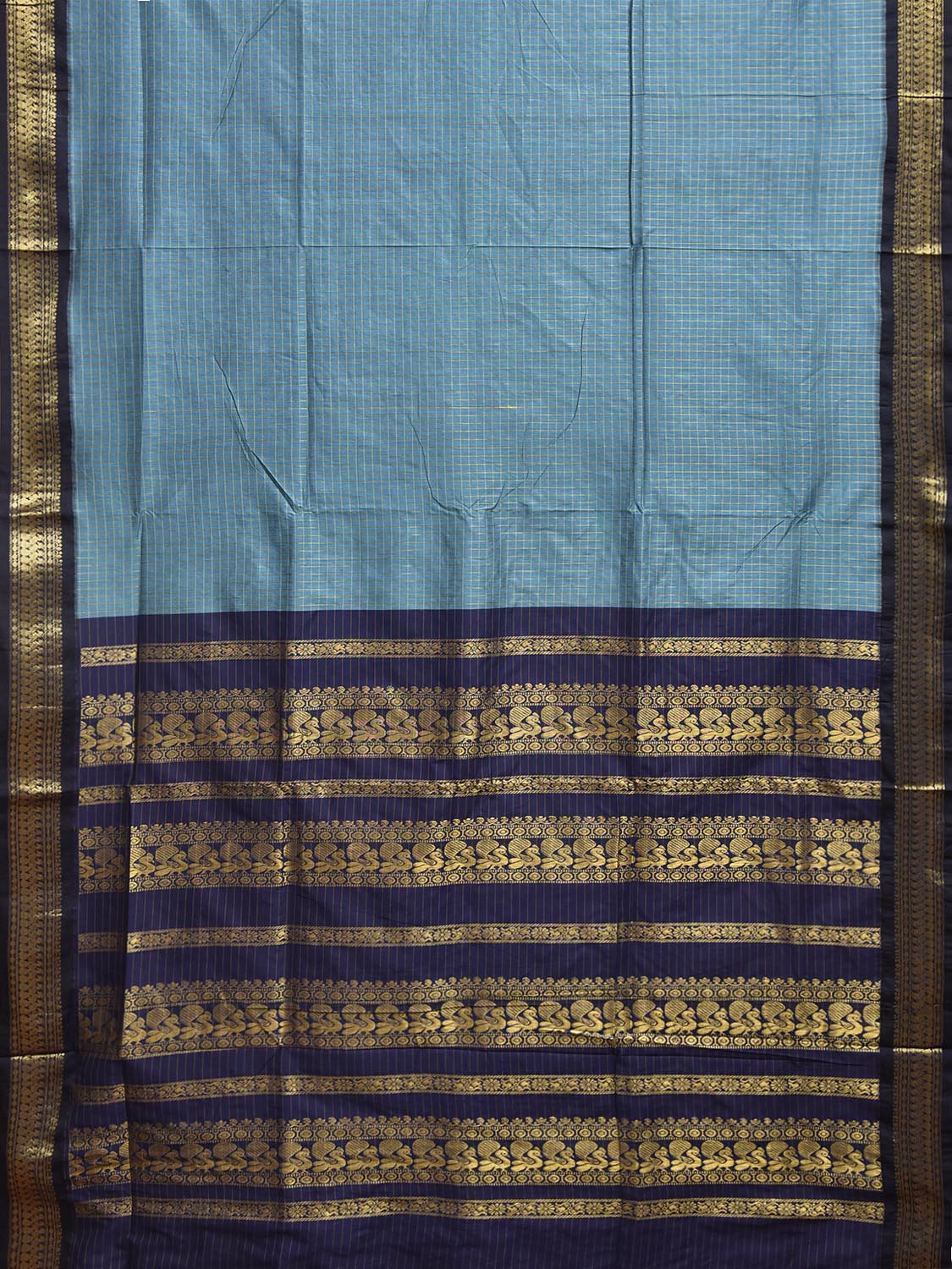 Blue and Navy Gadwal Cotton Viscose Saree with Checks and Pallu Design g0602