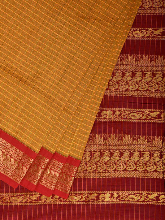 Mustard and Red Gadwal Cotton Viscose Saree with Checks and Pallu Design g0603