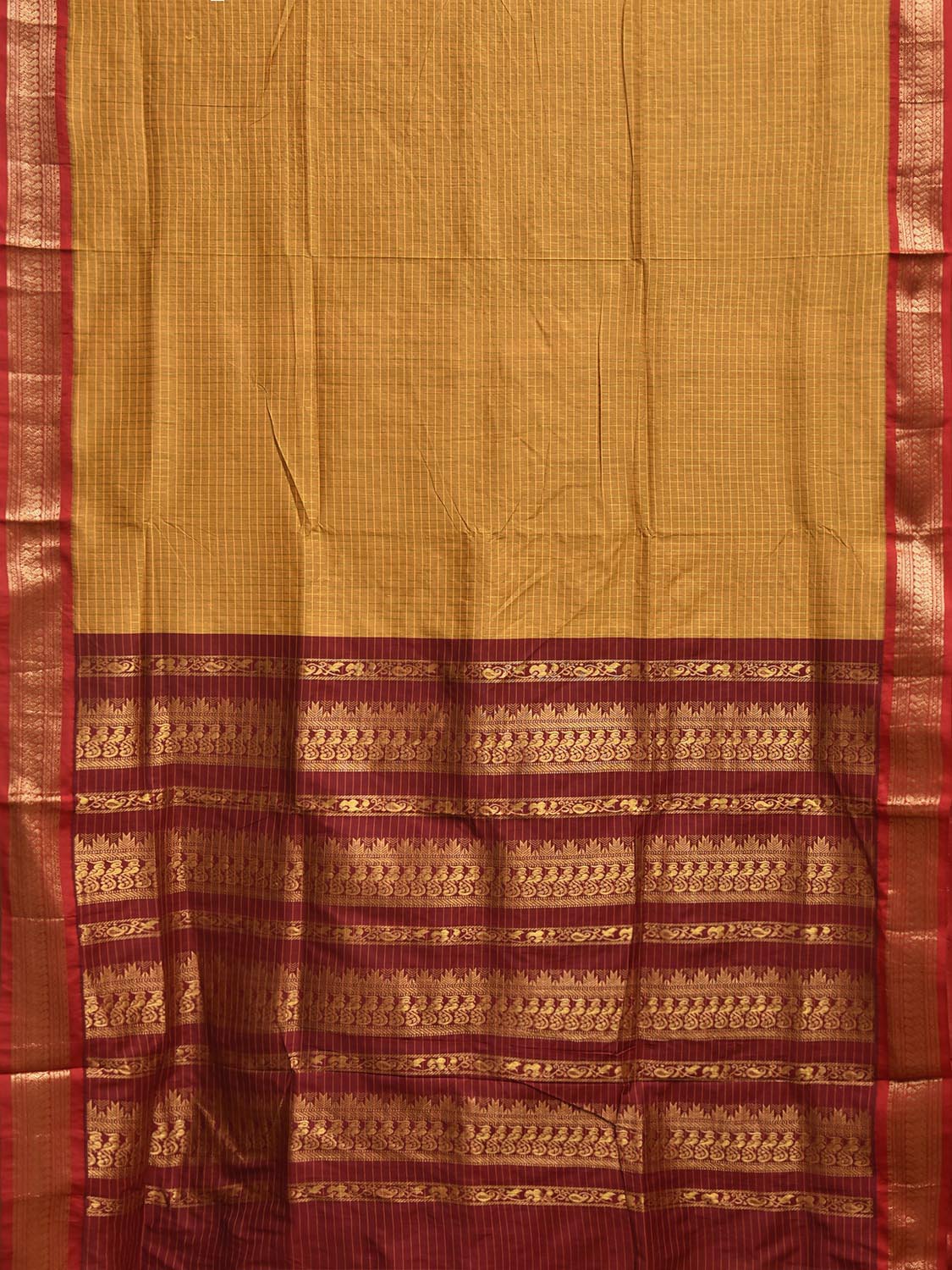 Mustard and Red Gadwal Cotton Viscose Saree with Checks and Pallu Design g0603